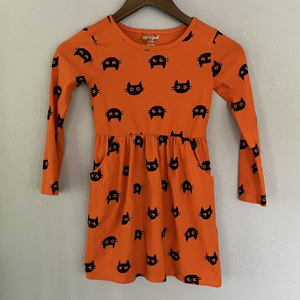 Girls Halloween Cat & Jack Orange Dress with Black Cats Size S (6/6x)